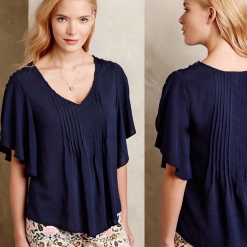 Anthropologie Maeve Maya Cold Shoulder Sleeve Pleated Top Navy Blue Size 4